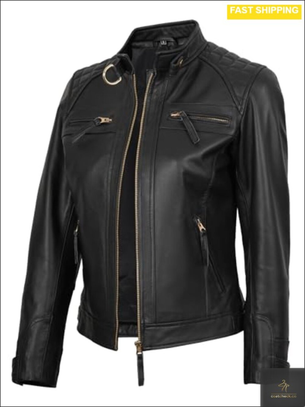 Womens Leather Jacket Cafe Racer Lambskin Biker Moto Zip Quilted